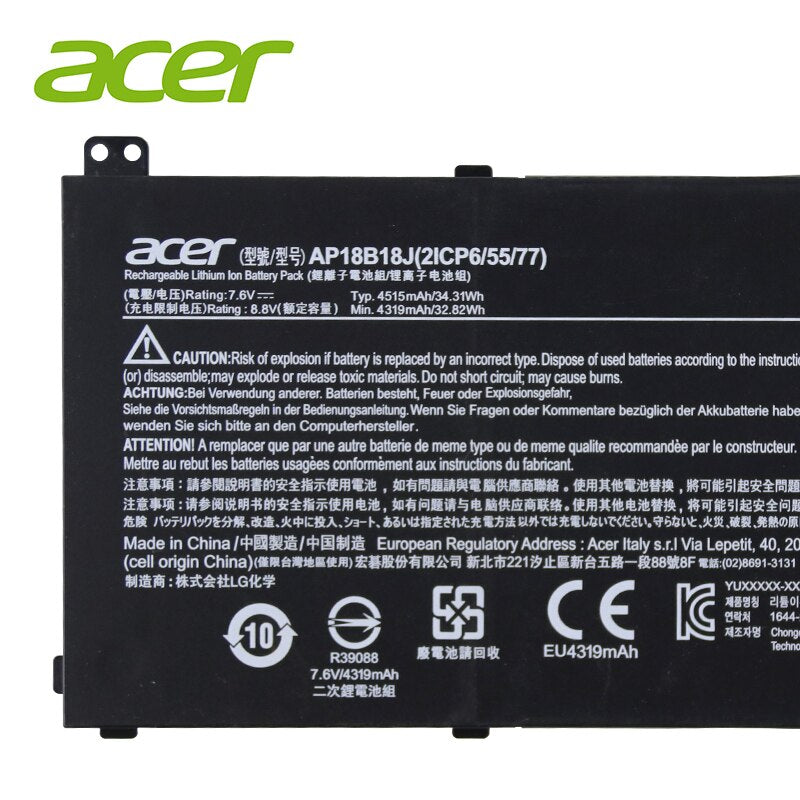 7.6V 4515mAh (34.31Wh) Original laptop battery for Acer AP18B18J