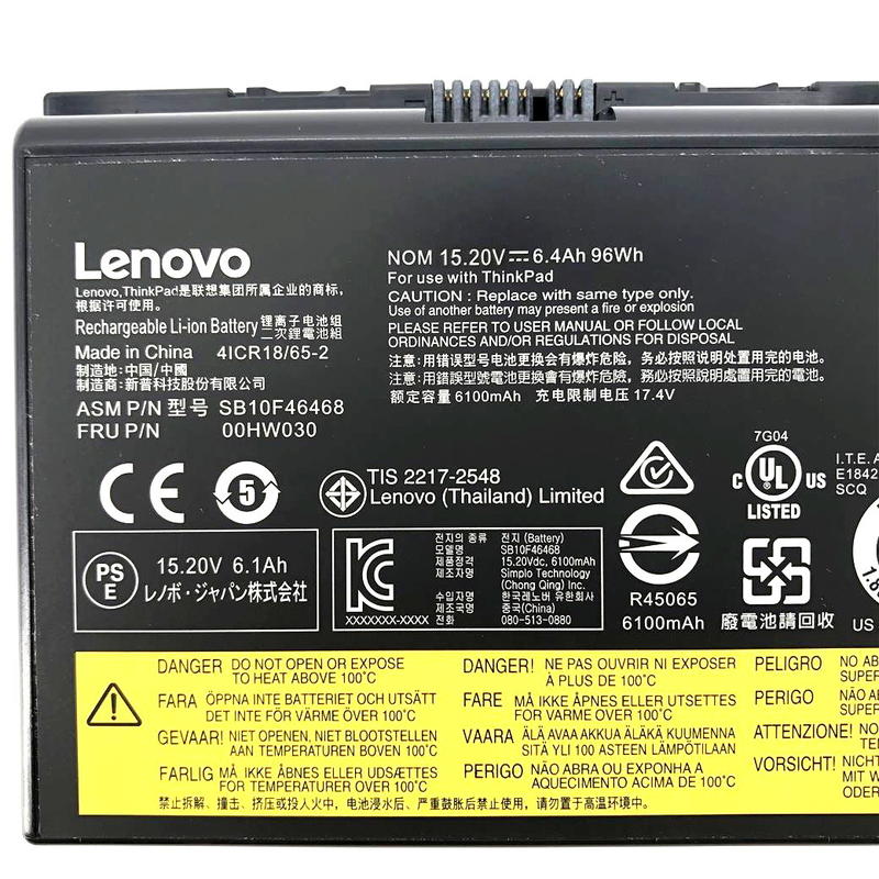Original 00HW030 OOHWO30 Laptop Battery for Lenovo ThinkPad P70 P71 P72 Series Notebook SB10F46468 78++ 78+ 01AV451 4X50K14092 Black 15V 96Wh