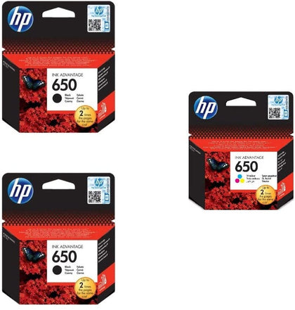 HP CZ101AK 650 Black Ink Cartridges 2 Pieces and HP CZ102AK 650 Tri Color Ink Cartridge