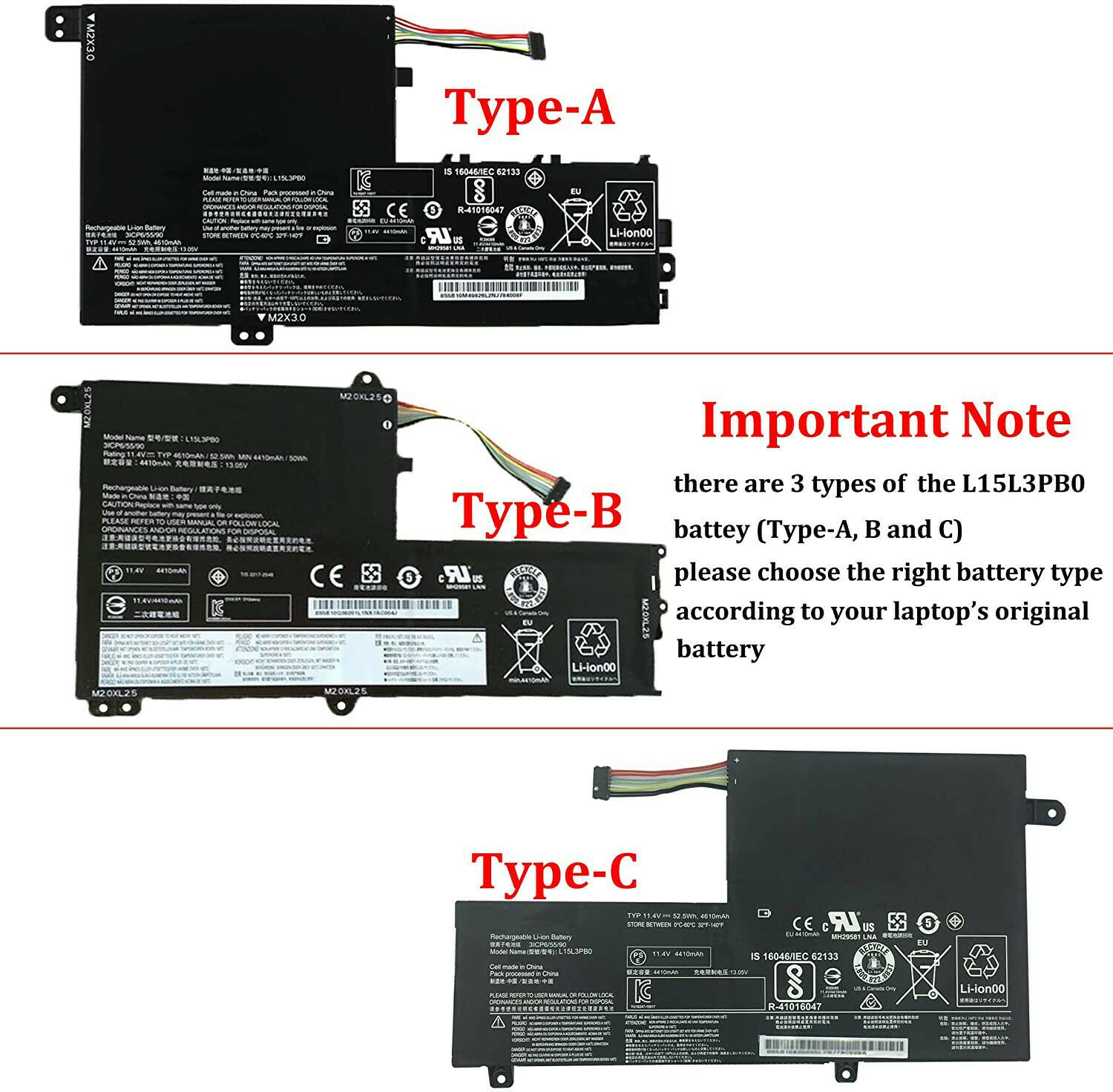 Original L15M3PB0 11.4v (52.5Wh) Laptop Battery for Lenovo Yoga 520 IdeaPad 330S Flex5-15